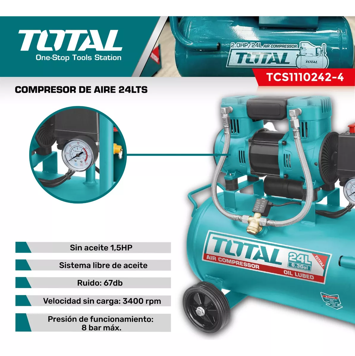 Compresor De Aire Sin Aceite 24 Litros 1.5HP TCS1110242-4 TOTAL - Image 2