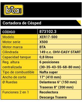 Cortadora de Cesped Exp. 149cc con Recolector 17″ 6 Posiciones BTA