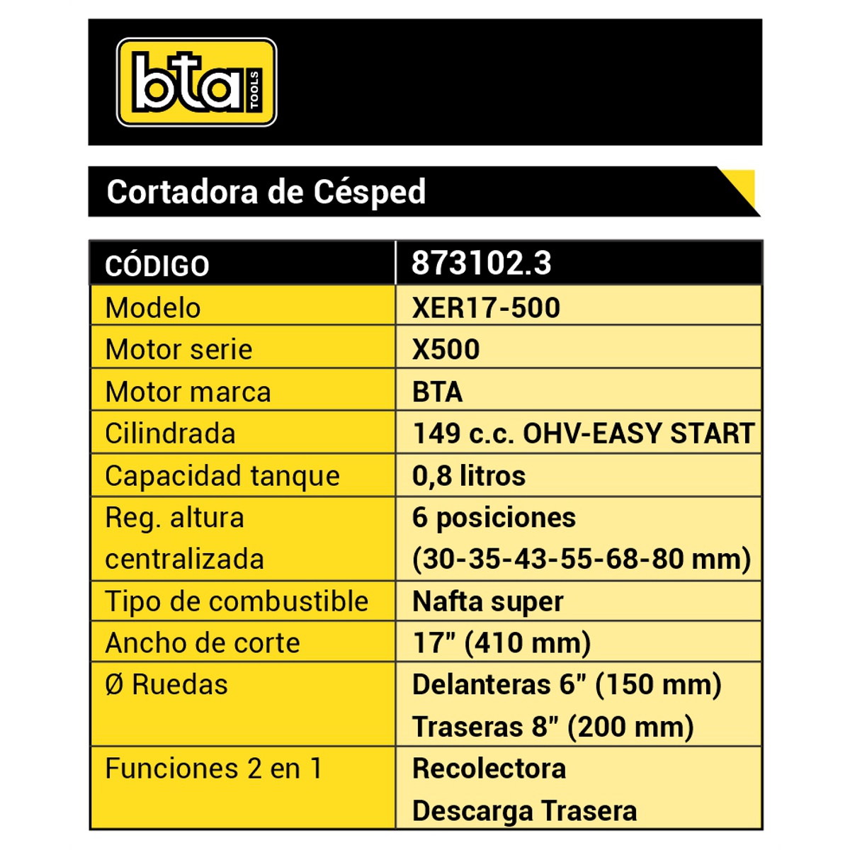 Cortadora de Cesped Exp. 149cc con Recolector 17" 6 Posiciones BTA - Image 2