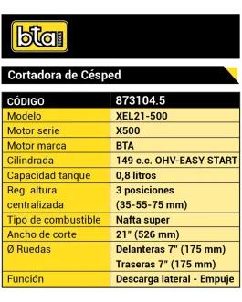 Cortadora de Cesped Exp. 149cc sin Recolector 21″ 3 Posiciones BTA