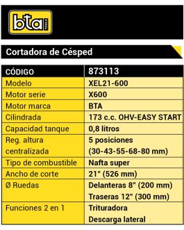 Cortadora de Cesped Exp. 173cc sin Recolector 21″ 5 Posiciones BTA