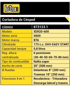 Cortadora de Cesped Exp. 173cc con Recolector 20″ 6 Posiciones BTA
